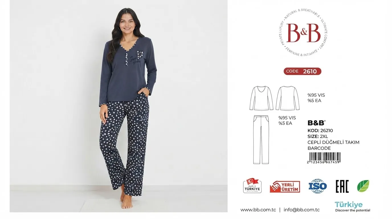 طقم بيجاما نسائي قطني أنيق ومريح باللون الكحلي والنجوم – B&B (كود: 26210)