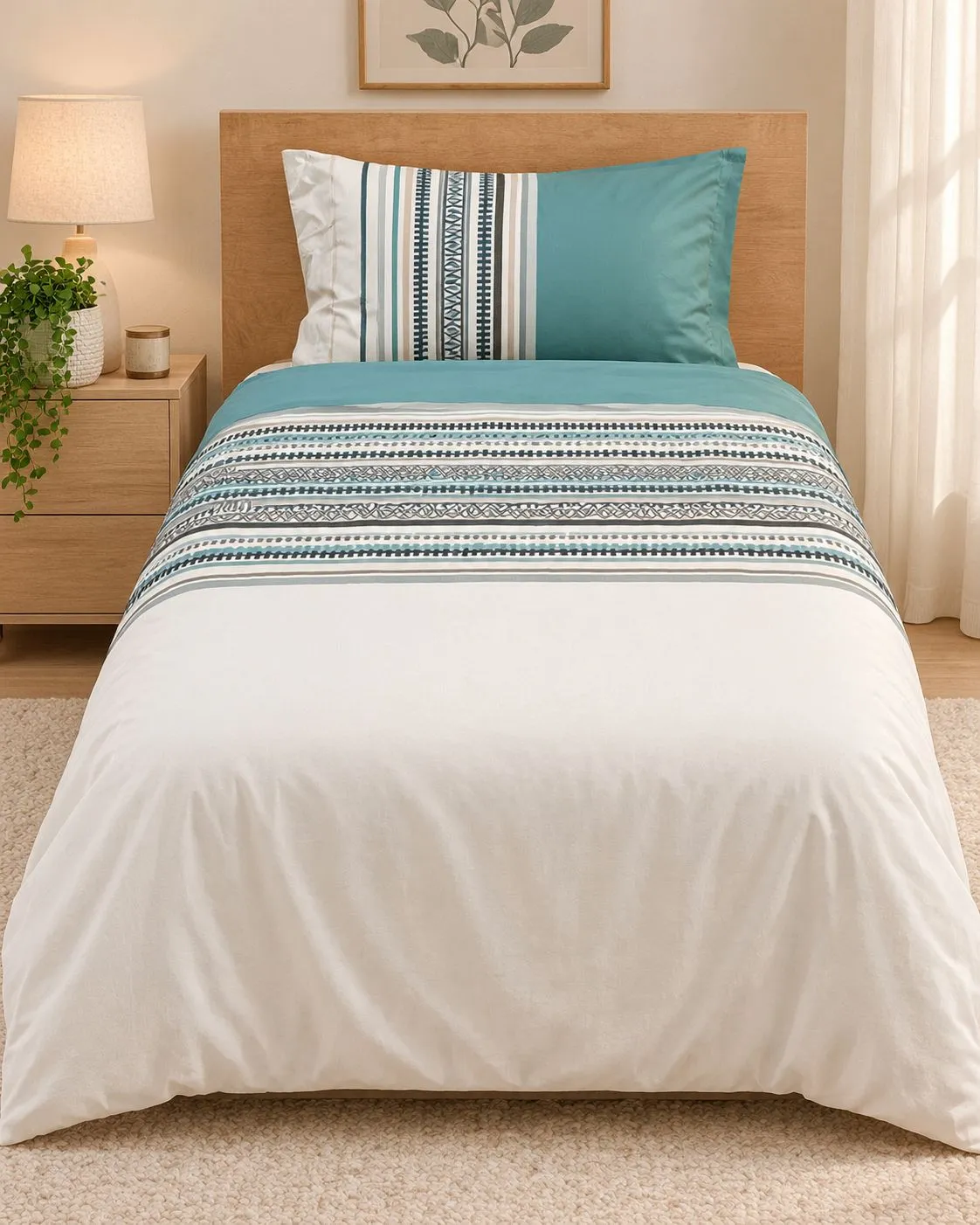 Elegant Teal & Ivory Geometric Bedding Set