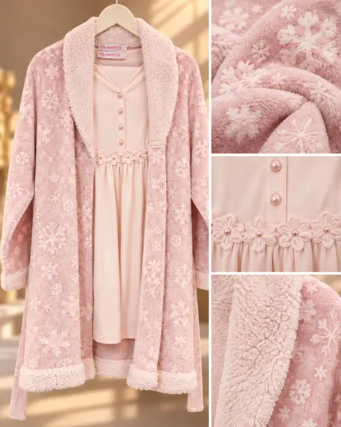 Women's Pink Fleece Robe & Nightdress Set طقم نوم نسائي مع روب شتوي وردي بنقشة الثلج